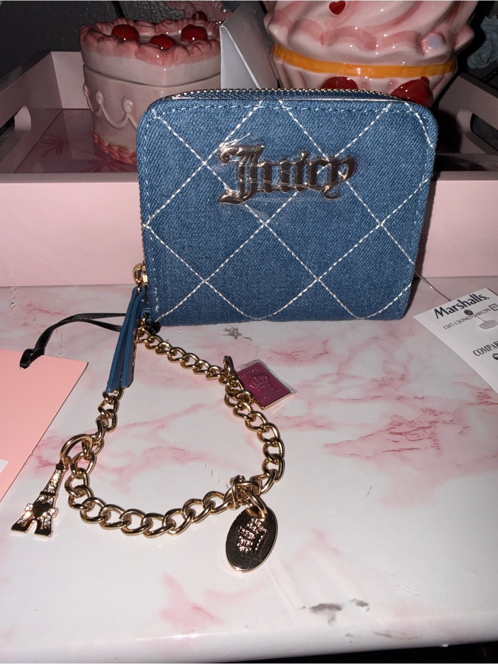 Juicy Couture Quilted Denim Zip Wallet with Gold Charm Chain - Blue